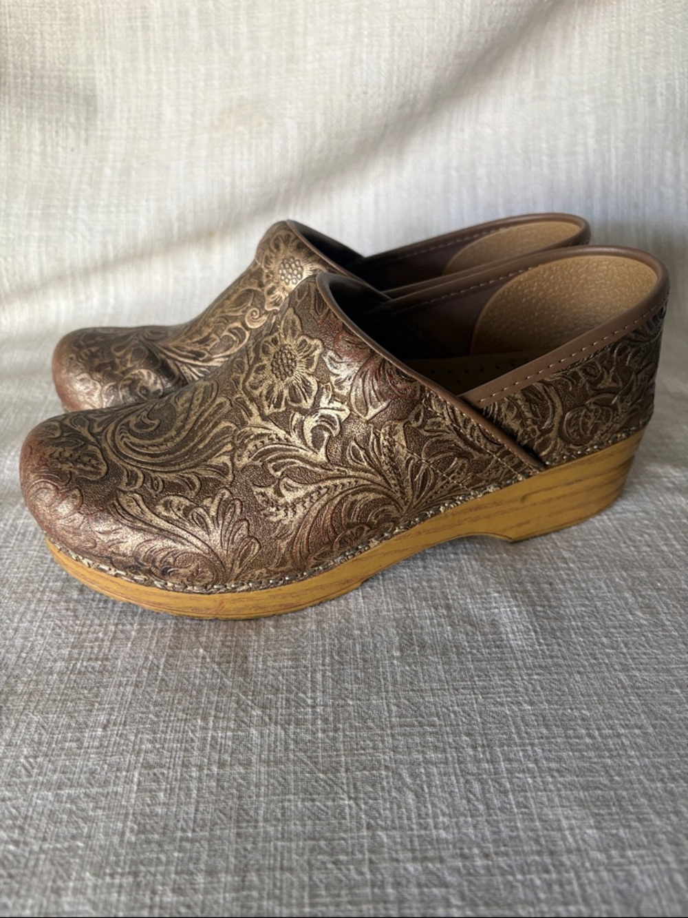 Dansko Brown Metallic Floral Tooled Leather Clogs - Picture 3 of 7